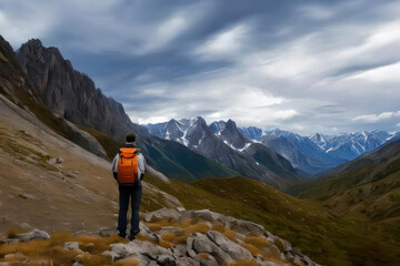 Naklejka premium A man with a backpack stands in the mountains. AI generative.