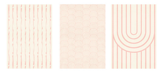 Soft pink invitation cards with beautiful pattern. Rainbow elements and abstract shapes design. Vector illustration