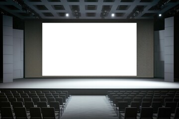 Empty stage for event or business conference with big blank screen mockup. Screen aspect ratio is 16:9.  Modern convention hall for presentation or concert template. Chair seats. - obrazy, fototapety, plakaty