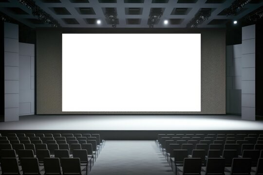 Empty stage for event or business conference with big blank screen mockup. Screen aspect ratio is 16:9.  Modern convention hall for presentation or concert template. Chair seats.