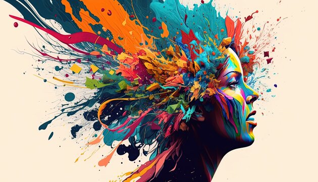 Head of a woman exploding in vibrant and colorful tones in an impressionist painting. Abstract.