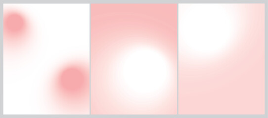 Set of 3 Vector Layouts with Gradient Circles on a White and Pastel Pink Backgound. Simple Geometric Minimalist Prints without Text ideal for Cover, Flayer, Banner, Blanks. Round Blurry Frames.