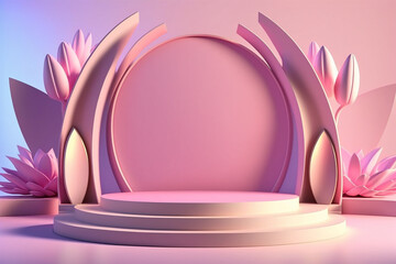 Pink round display abstract minimal podium product package mock up presentation show cosmetic stage pedestal platform with flowers. Generative AI