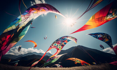 Kite festival on the field with mountain scenery in the spring