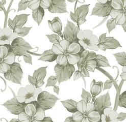 Seamless pattern. Beautiful blooming realistic isolated flowers. Vintage background fabric. Apple wildflowers. Wallpaper baroque. Drawing engraving sketch Vector victorian style illustration