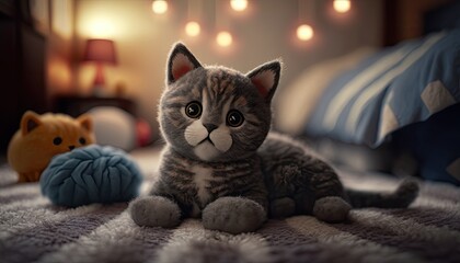 Cat pulls doll cute with blurry background Made With Generative AI