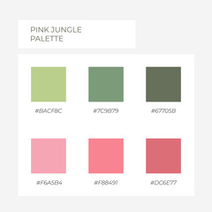 Pink jungle palette. Nude pastel palette. Trendy pallete of color. Cozy color pallete. Swatch summer candy shade tone with hex code. Nft pastel colors. Super trendy color	
