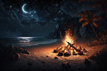 Naklejka premium Bonfire at tropical beach at night. generative AI