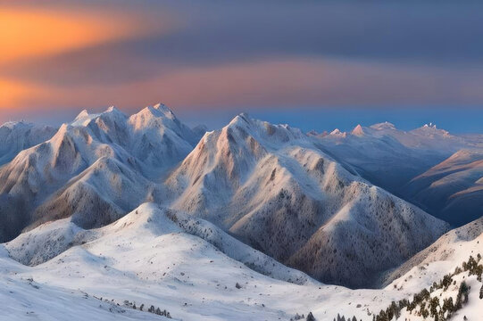 Winter mountains in the snow at sunset. AI generative. © Iaroslav