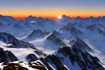 Winter mountains at sunset. AI generative.