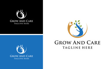 grow plant logo natural concept vector with human care vector template