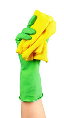 Hand in glove holding microfiber cloth for wiping dust isolated on white background