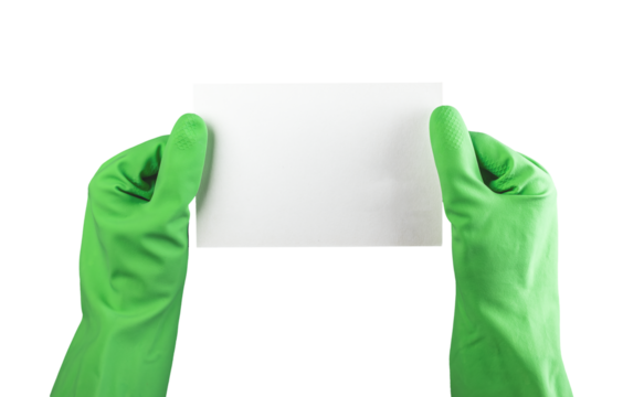 Blank card mockup for cleaning service ad. Hand in washing gloves holding empty certificate mock-up isolated on white background