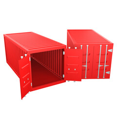 3D design of cargo containers for storage transportation illustration. 3D design of two red colored cargo with open and closed doors