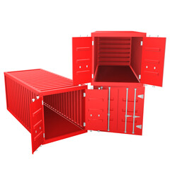 3D design of cargo containers for storage transportation illustration. 3D design of three red colored cargo with open and closed doors