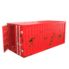 3D design of cargo containers for storage transportation illustration. 3D design of a red colored scratched cargo with open and closed doors