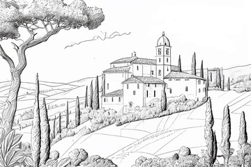 Italy. Toscana landscape - sketch illustration for coloring book.