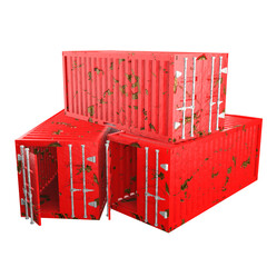 3D design of cargo containers for storage transportation illustration. 3D design of three red colored scratched cargo with open and closed doors, front view illustration