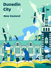 Travel Poster of Dunedin, New Zealand. Discover the Beauty and Culture of Dunedin: Explore the Wildlife, Iconic Railway Station, and Taiaroa Head Lighthouse