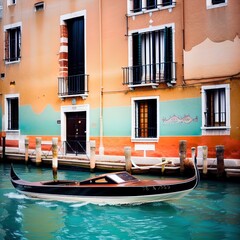 A boat in a canal, surrounded by buildings. 
