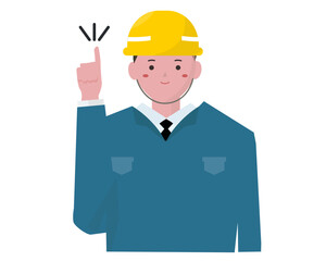 人差し指を出し説明をする男性 。ヘルメット。ベクターイラスト