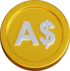 Golden Australian dollar coin 3d render illustration