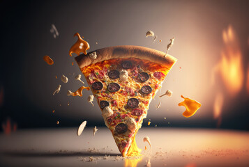 Slice of hot pizza, ingredients flying in air, an explosion of taste. Generative AI