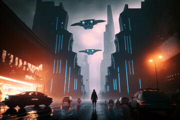Dawn in the Metropolis: A Futuristic Vision of Flying Cars and Busy Streets