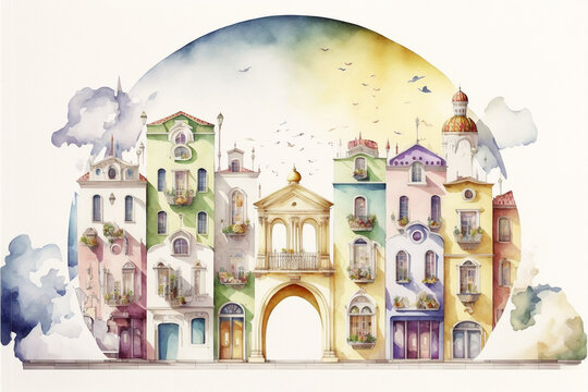 Architectural building watercolor hand drawn landscapes colorful background environment sketch Generative AI