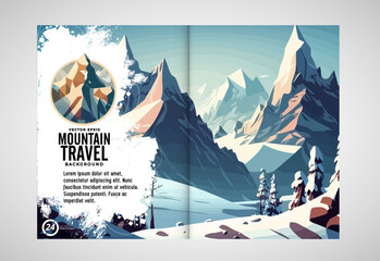 Brochure, ebook or presentation mockup ready for use, vector illustration with flat style background. Mountain background at cartoon style.  - 570898139