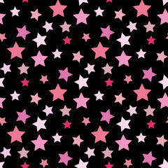Seamless pattern in pink stars on black backgound. Vector image.