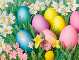 Fototapeta na wymiar Vibrant colored Easter eggs in a springtime meadow with white and pink flowers