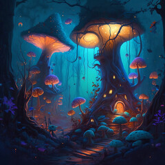 Fototapeta na wymiar Fantasy Mushroom forest in a dark night
