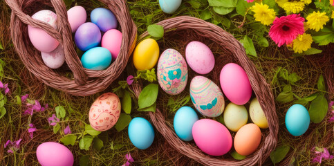 Fototapeta na wymiar Beautiful painted pastel colored Easter eggs in braided baskets hidden in a garden with flowers, seen from above