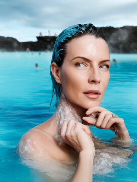 Woman in the water at the blue lagoon in Iceland at a spa and wellness
