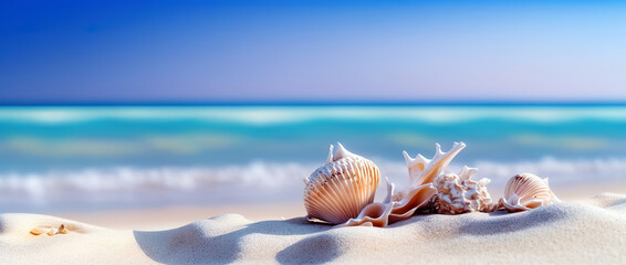 Fototapeta na wymiar Seashells on seashore background