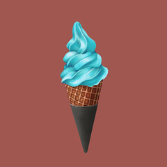 Realistic Digital Painting of Delicious Blue Vanilla Ice Cream Cone