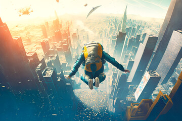 Obraz na płótnie Canvas A person skydiving into a bustling cityscape, illustration - Generative AI