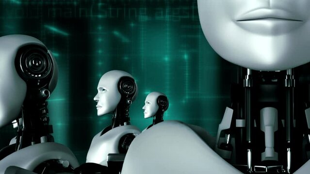 Futuristic robot artificial intelligence huminoid AI programming coding technology development and machine learning concept. Robotic bionic science research for future of human life. 3D rendering.
