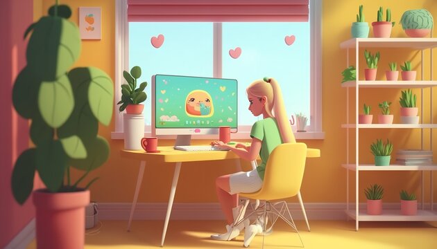 A cute, unassuming girl using a computer to study near a window. Red and yellow teen bedroom with green furniture, a plant, books, coffee cup, teddy bear toy, smartphone, and sweets. Generative Ai.