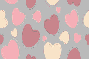 Seamless romantic pattern with hearts in pastel colors. Delicate hearts of different sizes, in pink on a gray, warm background. Ready template for design, postcards, print, textiles, poster, party, Va