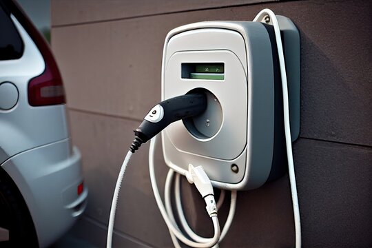 An electric car plugged into a charger. Ai generative