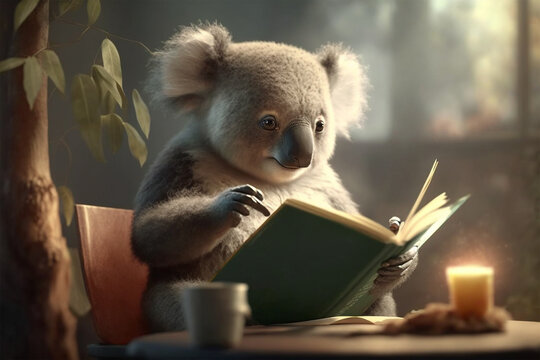 Cute fluffy koala bear reading a book. Education and studying concept. Generative AI