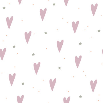 Seamless vector pattern with cute hand drawn hearts and stars. Fun design. Scandi style love texture. Kawaii background for wrapping paper, textile, fabric, wallpaper, gift, card, packaging, apparel.