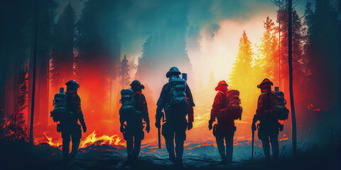 Obraz na płótnie Canvas Squad of Volunteer Firefighters with Safety Equipment and Uniform Encircle a Raging Forest Fire. Generative AI. 2