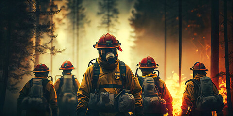 Squad of Volunteer Firefighters with Safety Equipment and Uniform Encircle a Raging Forest Fire. Generative AI. (1)