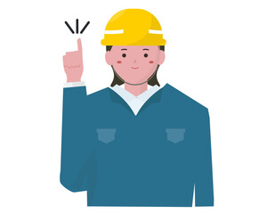 人差し指を出し説明をする女性 。ヘルメット。ベクターイラスト