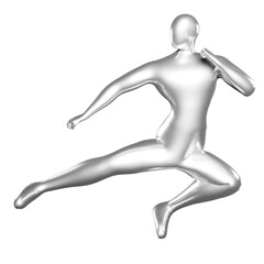 3d Render Silver Stickman - Karate Kicking Pose, performs flying kicks