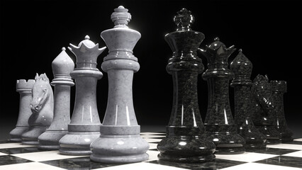3d render of chess pieces on the board. A set of white and black pieces opposite each other. Business concept.