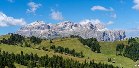 Amazing landscape at the Dolomites in Italy. View at Sella group during summer time. Dolomites unesco world heritage. Best touristic destination. Alta Badia, Sud Tirol, Italy